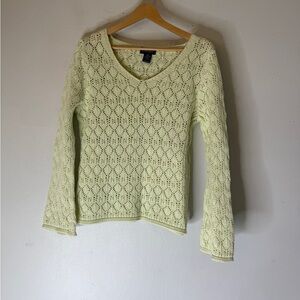 Splendor Open Knit V Neck Bell Sleeve Cotton Sweater Light Green Medium